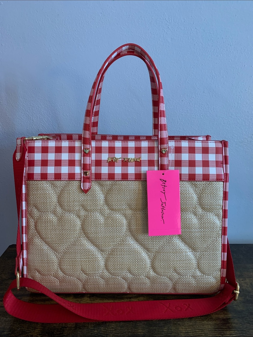 Betsey Johnson Red Gingham & Natural Straw Heart-Quilt Tote